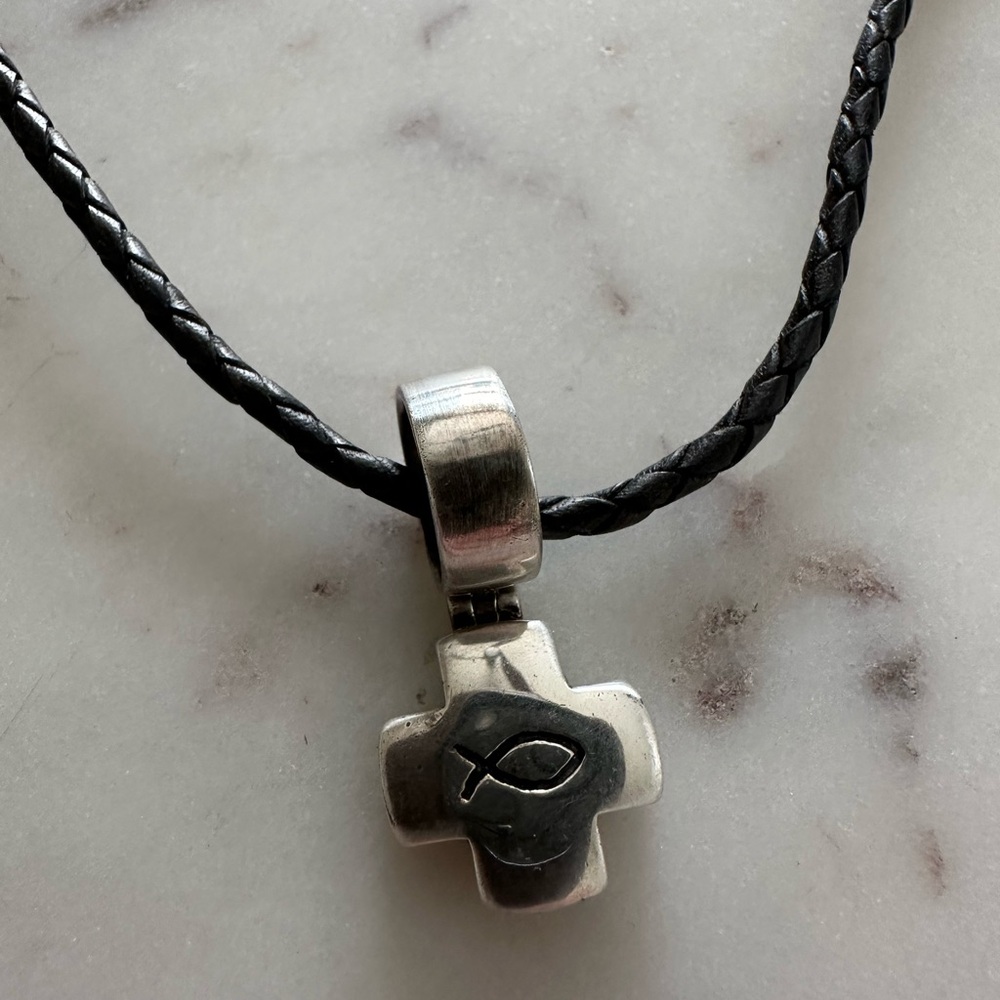 Silpada Sterling Silver Cross Pendant on Black Leather Cord. Ichthus Pendant. - Picture 5 of 6